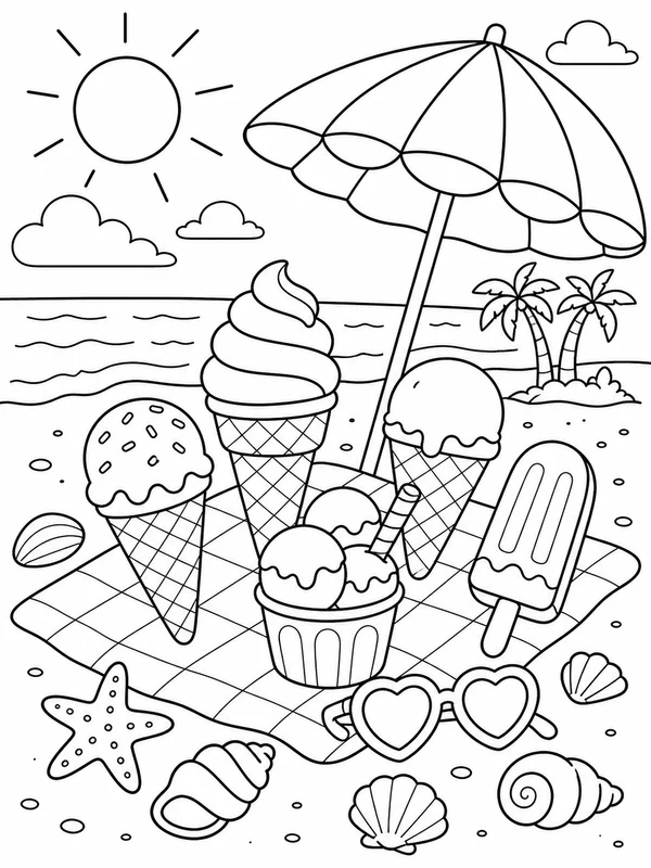 Beach picnic with ice cream cones, shells, sunglasses, and an coloring page printable line art