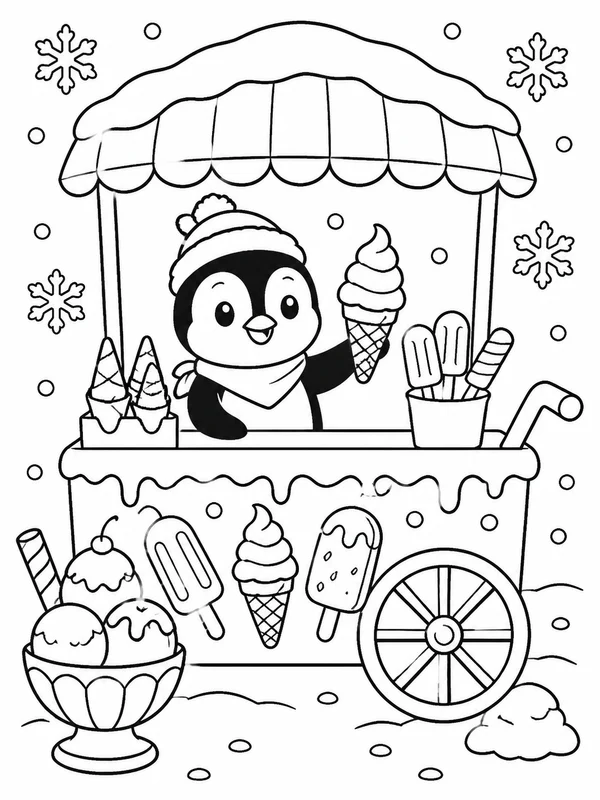 Tiny penguin serving ice cream from a snowy dessert cart coloring page printable line art
