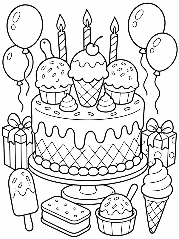 Ice cream birthday cake surrounded by balloons coloring page printable line art