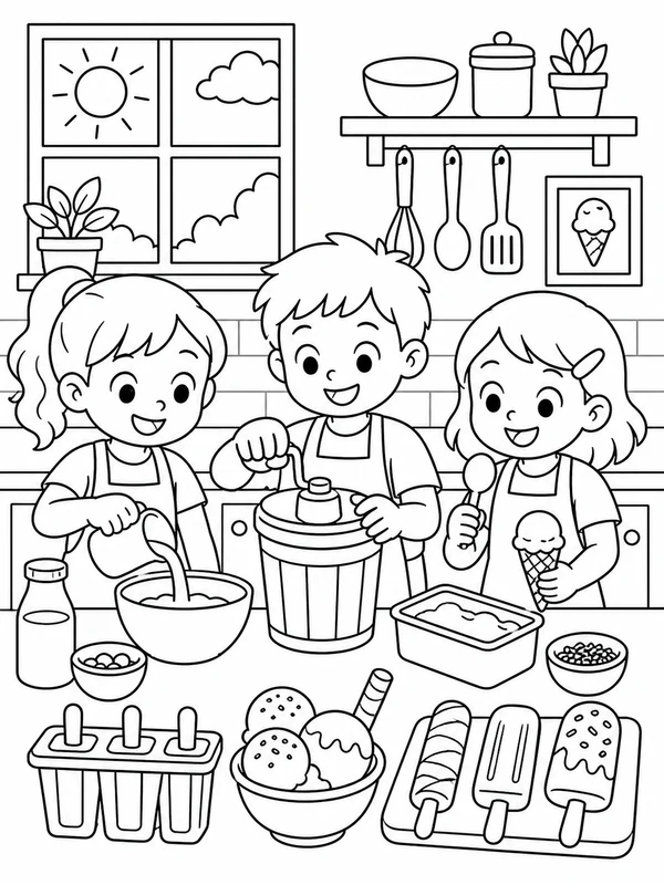 Friends making homemade ice cream in a bright kitchen coloring page printable line art