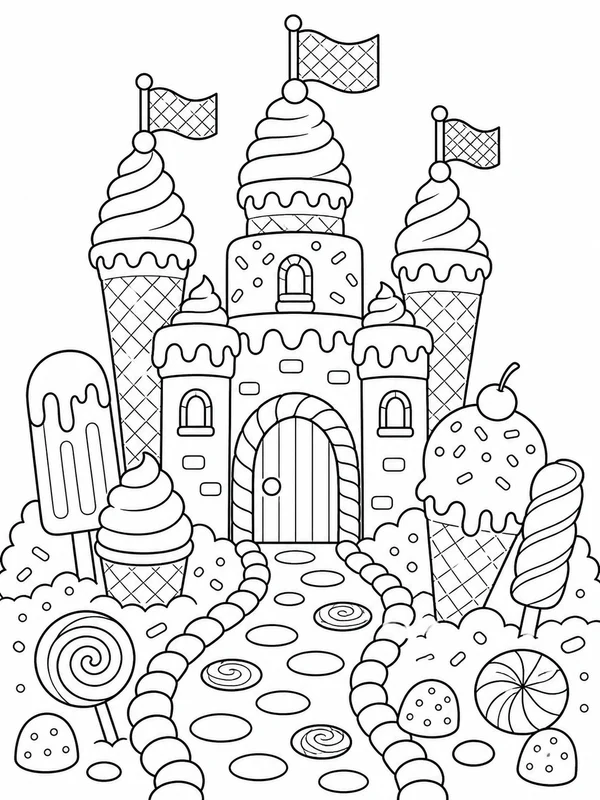 Ice cream castle with cone towers, candy paths, and wafer coloring page printable line art