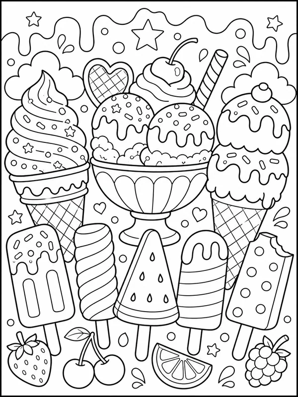 More detailed ice cream and frozen treats scene coloring page printable line art