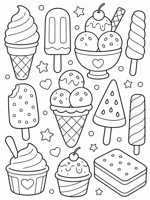 Cute ice cream and frozen treats coloring page printable line art
