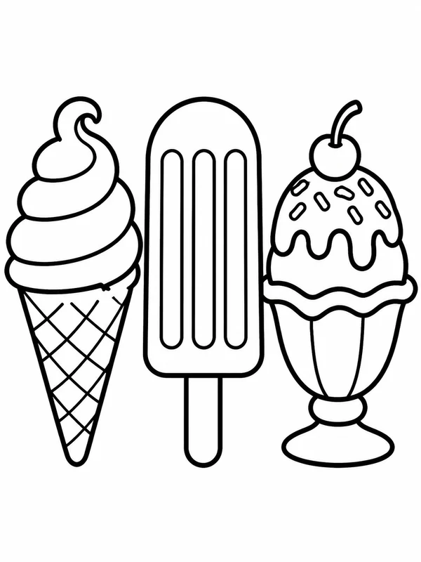 Three large themed objects for ice cream and frozen treats coloring page printable line art
