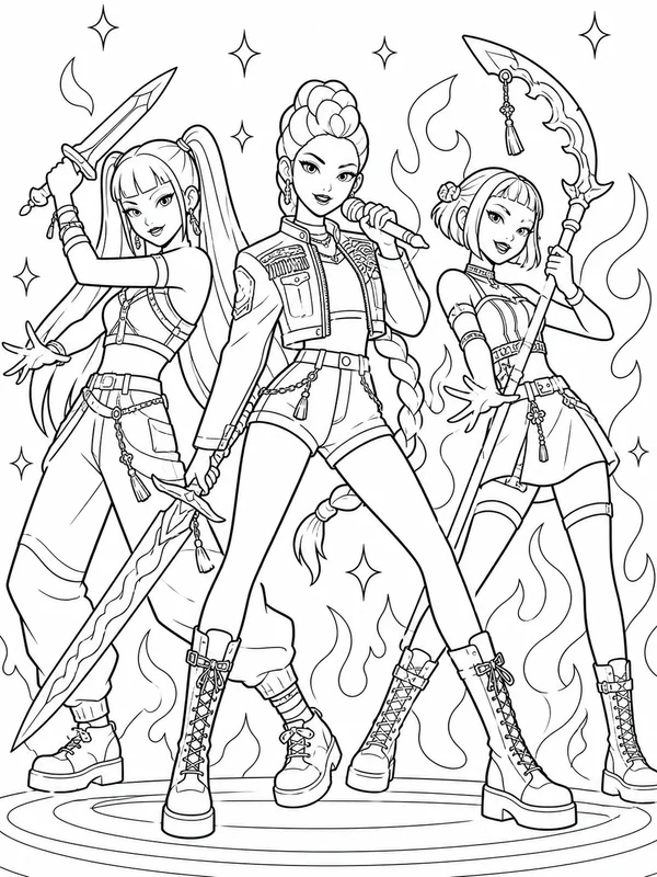 Music hero team performing together in dynamic stage poses coloring page printable line art