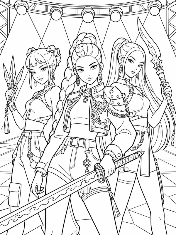 Three music heroes preparing their weapons beneath concert coloring page printable line art