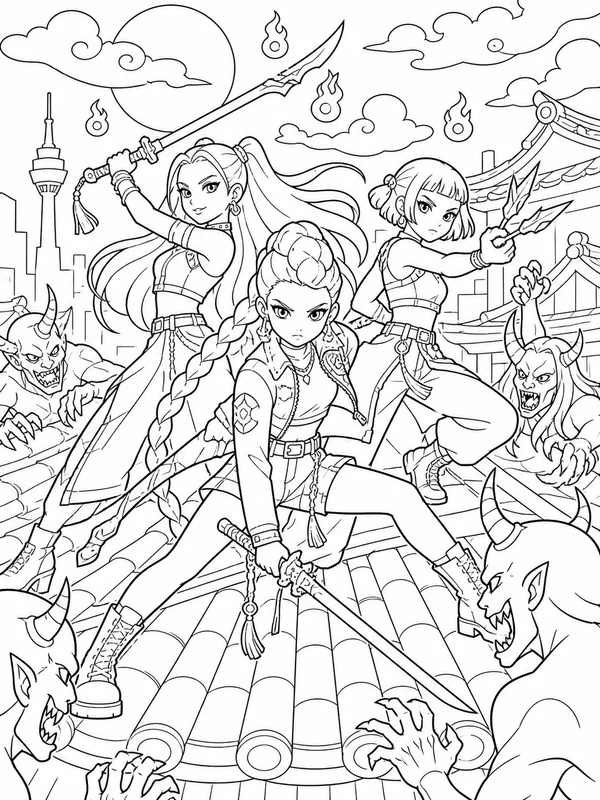 Dramatic rooftop battle scene with the music hero team coloring page printable line art