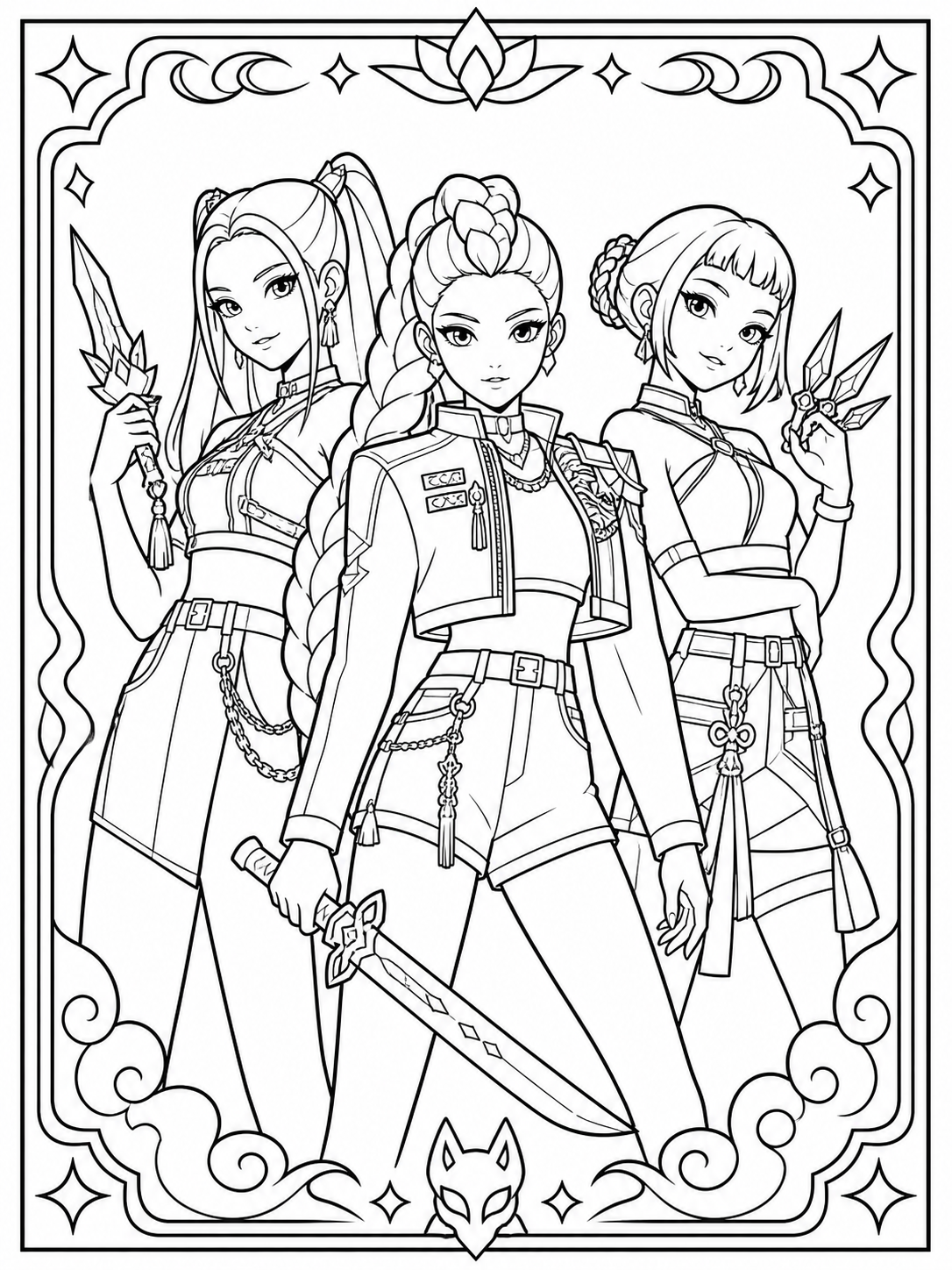 Diseño imprimible de KPop Demon Hunters para colorear en blanco y negro listo para imprimir