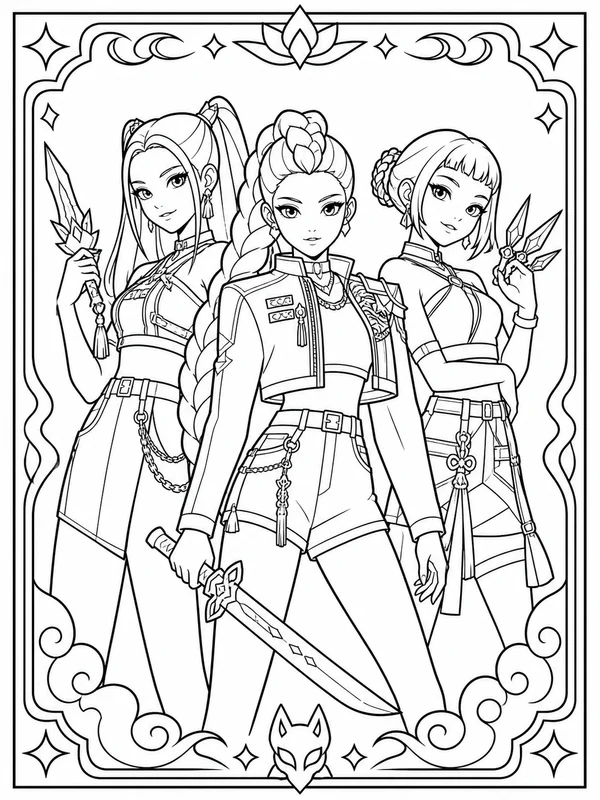 Printable a trio of stylish k-pop demon-hunting music heroes printable line art