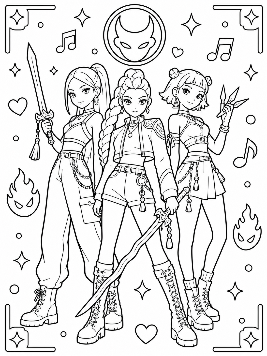 Página de KPop Demon Hunters para el aula para colorear en blanco y negro listo para imprimir