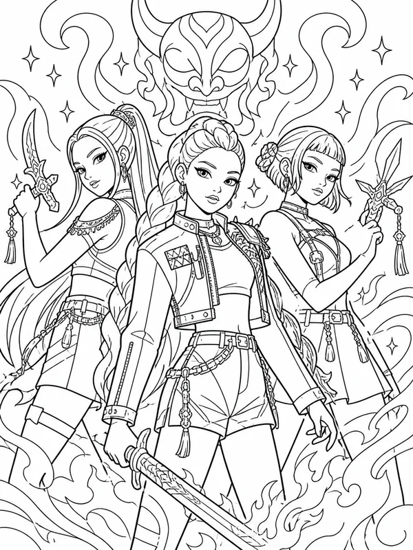 More detailed a trio of stylish k-pop demon-hunting music coloring page printable line art