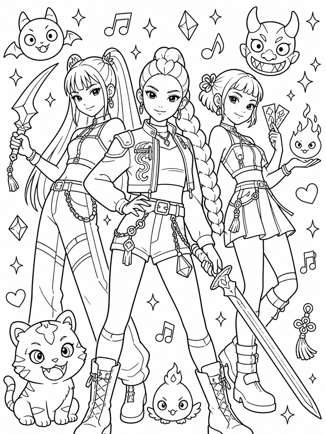 Cute a trio of stylish k-pop demon-hunting music heroes coloring page printable line art