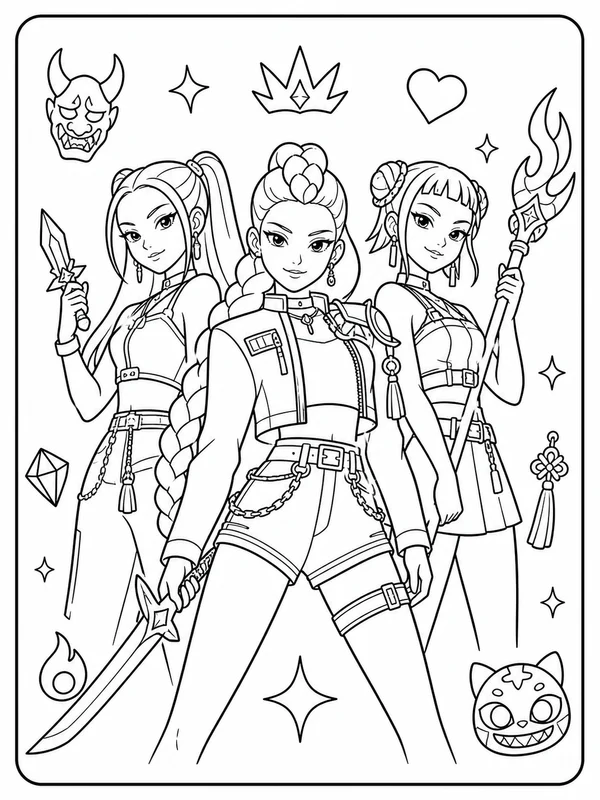 Clean a trio of stylish k-pop demon-hunting music heroes coloring page printable line art
