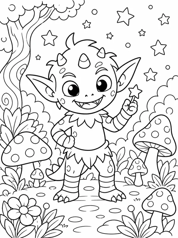 Little monster smiling in a whimsical forest filled coloring page printable line art