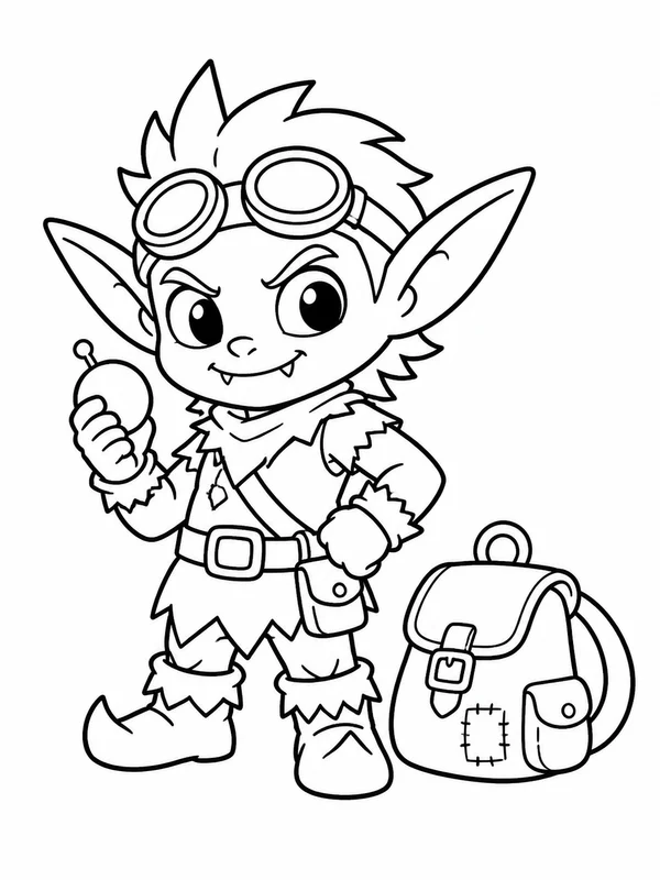Little monster wearing an adventurous costume beside a tiny coloring page printable line art