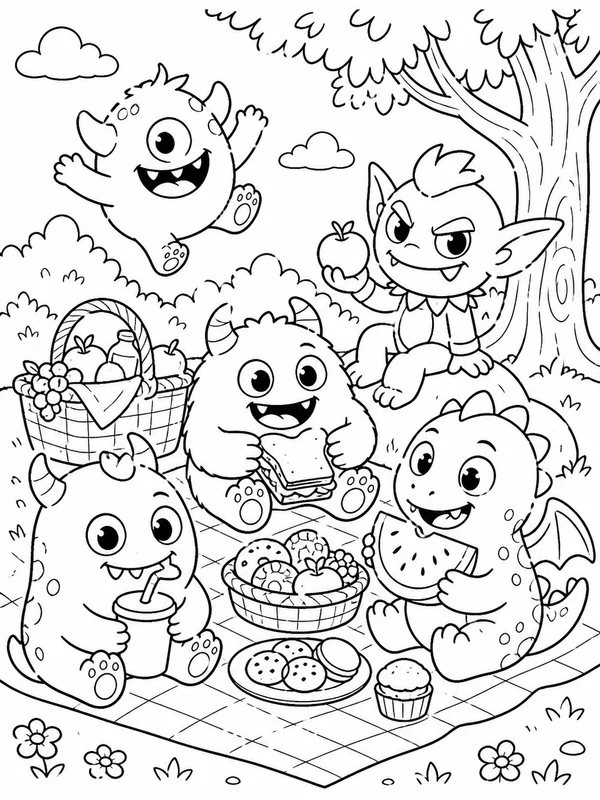 Group of playful little monsters at a cheerful picnic coloring page printable line art