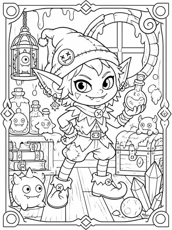 More detailed a mischievous elf-like collectible monster coloring page printable line art