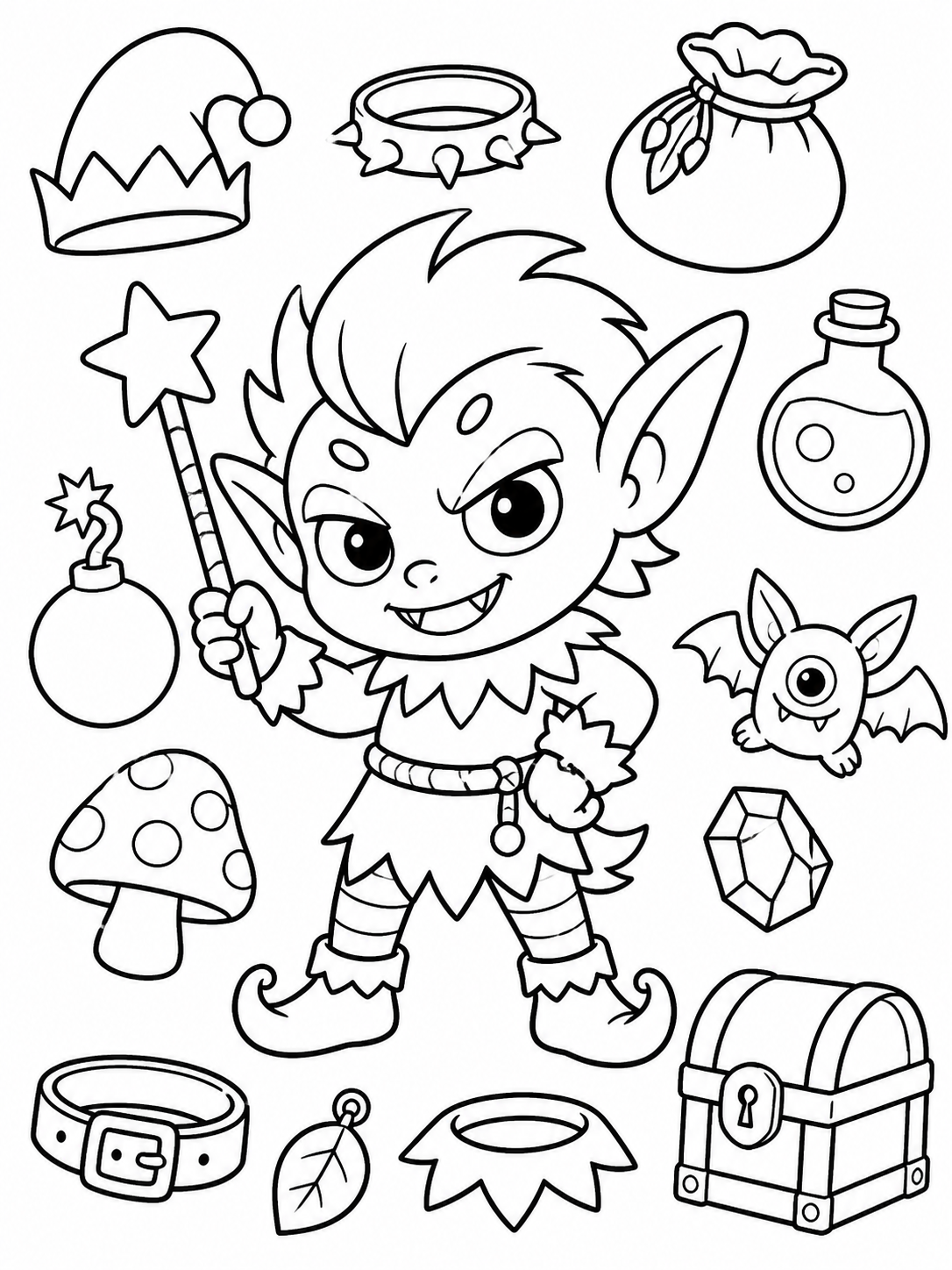 Cute a mischievous elf-like collectible monster coloring page printable line art