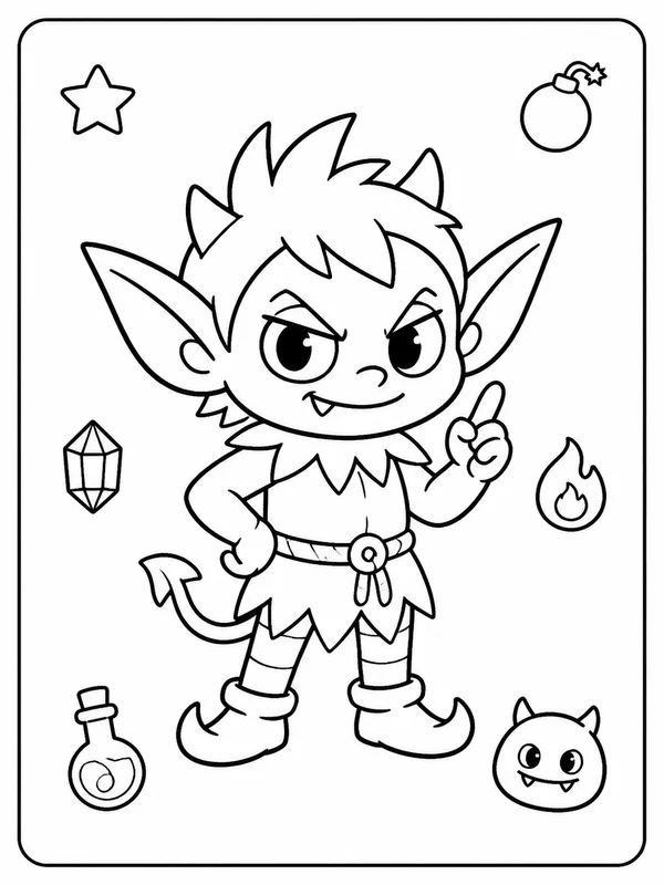 Clean a mischievous elf-like collectible monster coloring page printable line art