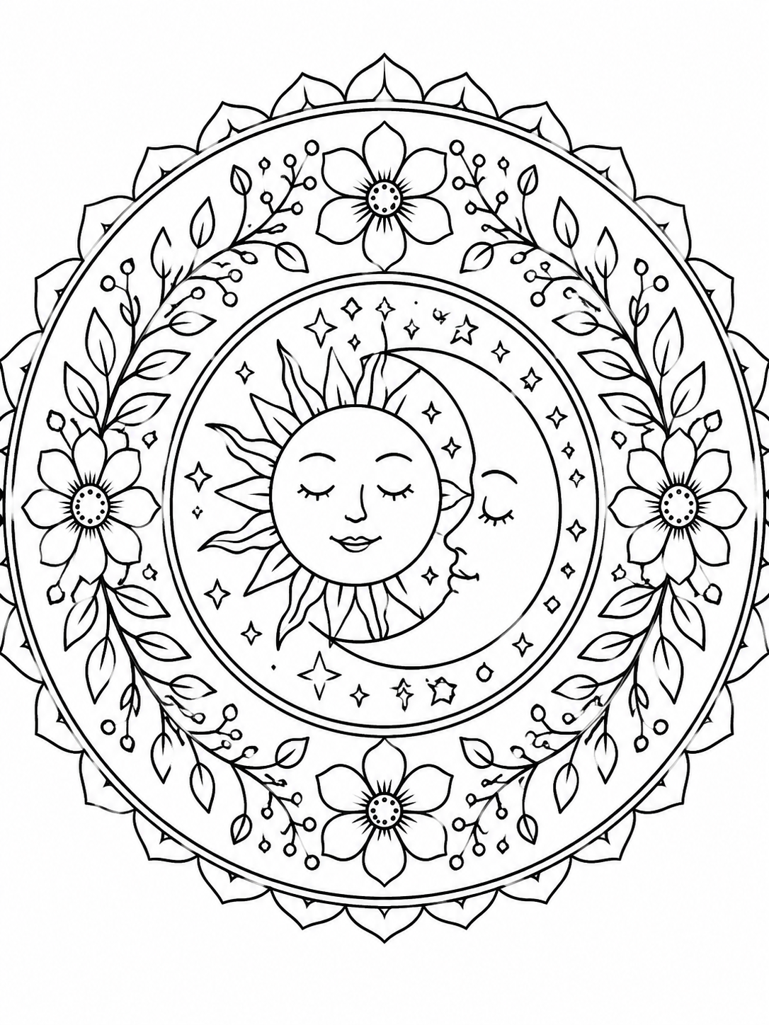 Escena de mandalas para colorear en blanco y negro listo para imprimir