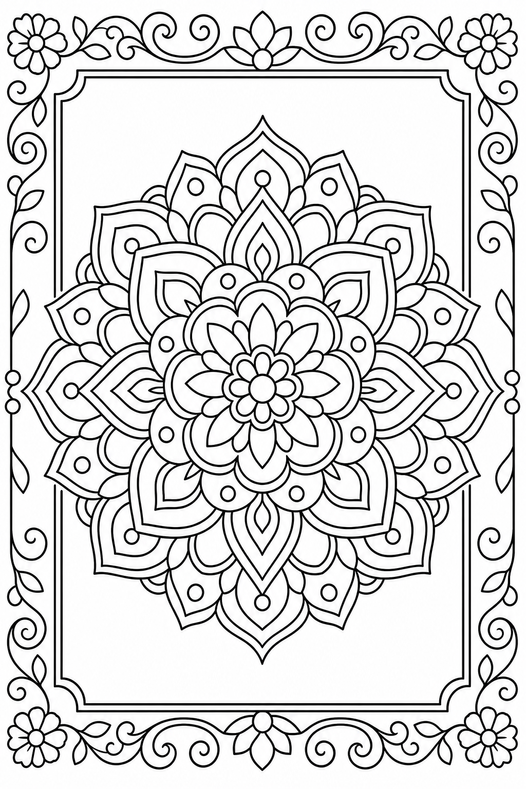 Diseño imprimible de mandalas para colorear en blanco y negro listo para imprimir