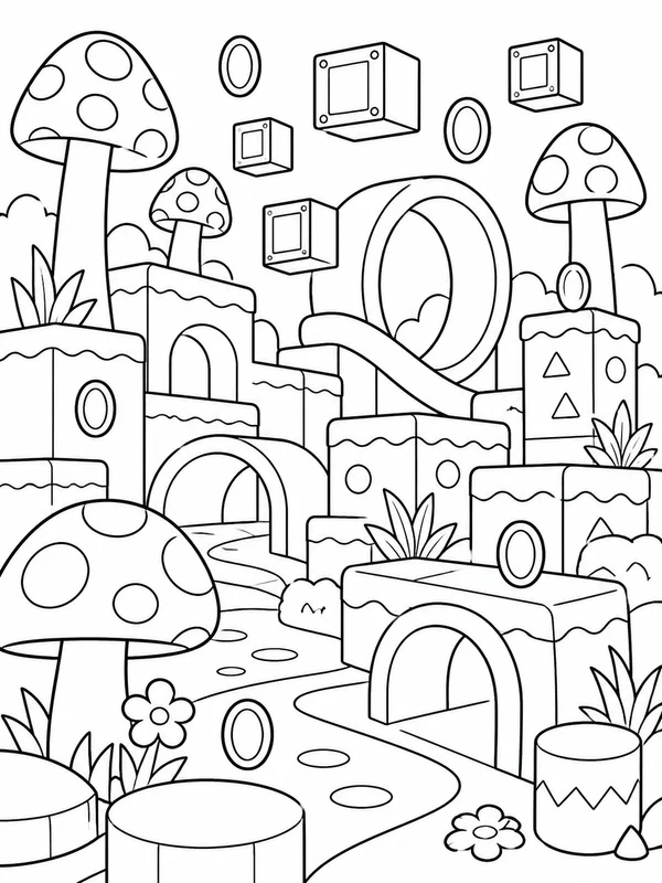 Two friendly adventurers exploring oversized mushrooms coloring page printable line art