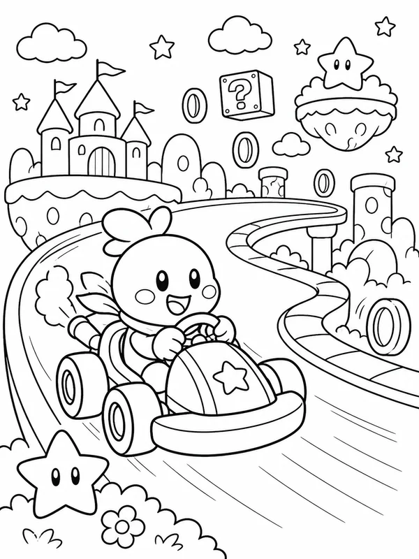 Cheerful racing kart speeding around a fantasy track coloring page printable line art