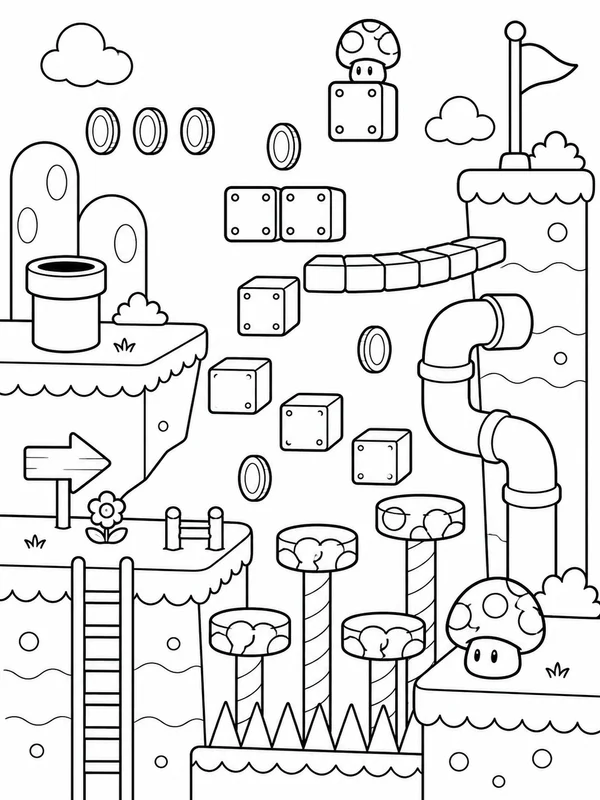 Obstacle course with floating blocks, coins, mushrooms, and coloring page printable line art