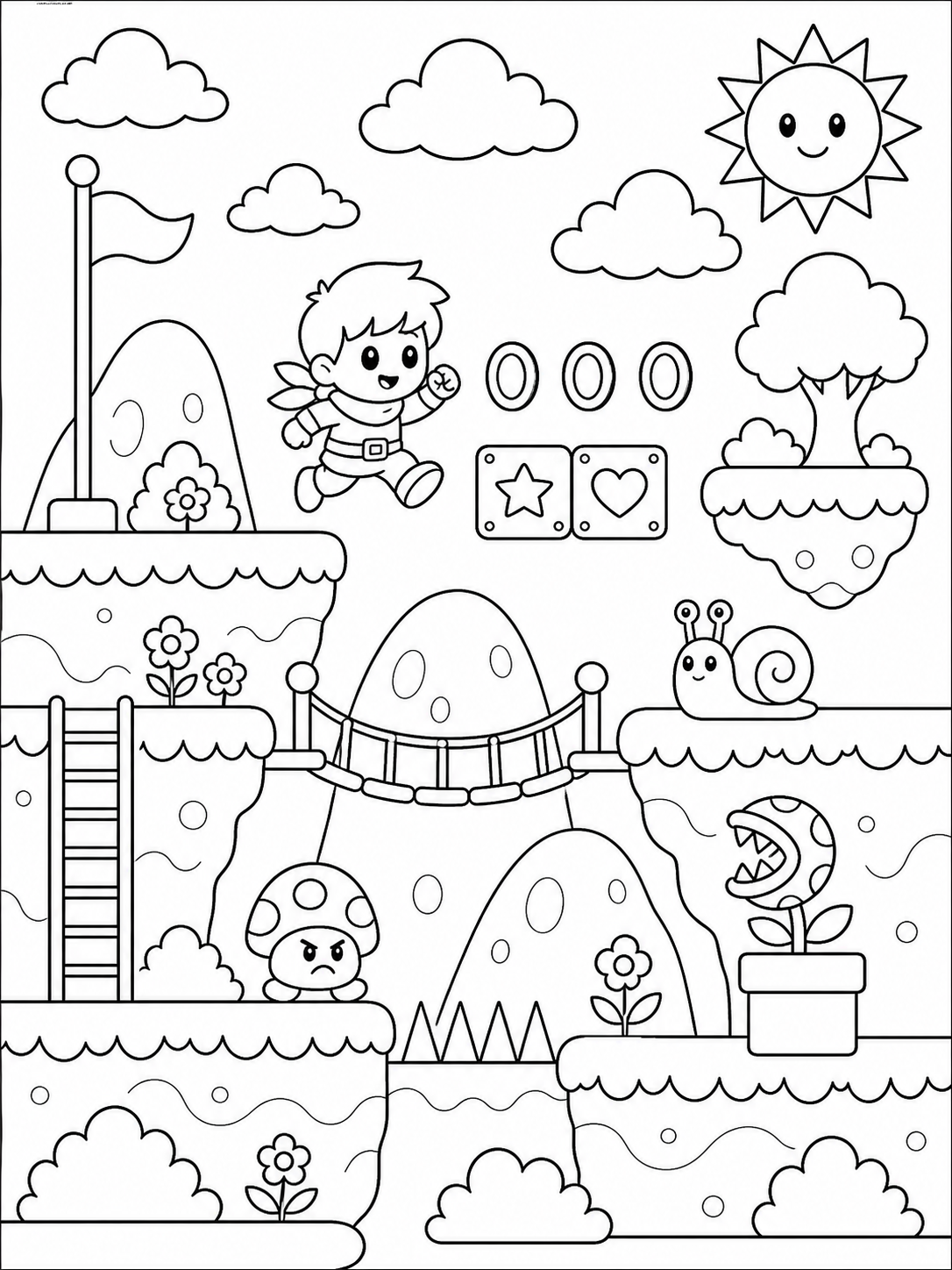 Página de Super Mario para el aula para colorear en blanco y negro listo para imprimir