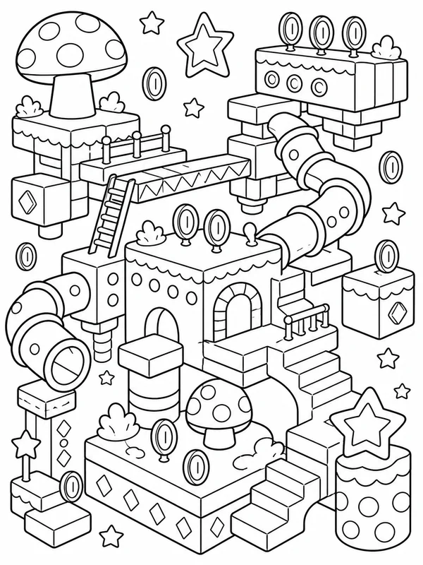 More detailed a whimsical platform adventure world scene coloring page printable line art