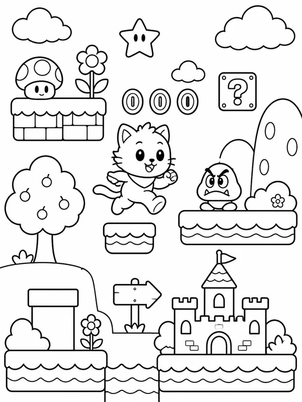 Cute a whimsical platform adventure world coloring page printable line art