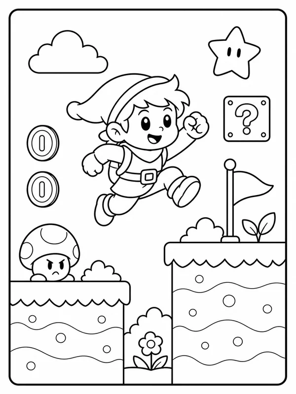 Clean a whimsical platform adventure world coloring sheet printable line art