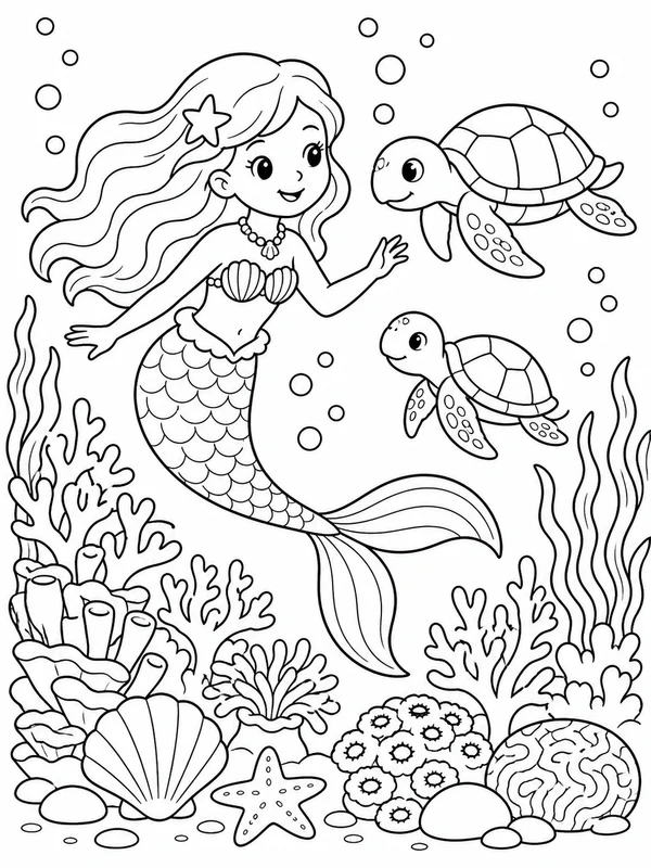 Friendly mermaid swimming beside a coral reef and sea turtles coloring page printable line art