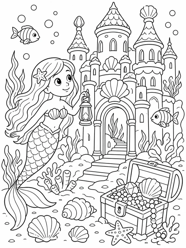 Mermaid exploring an underwater castle coloring page printable line art