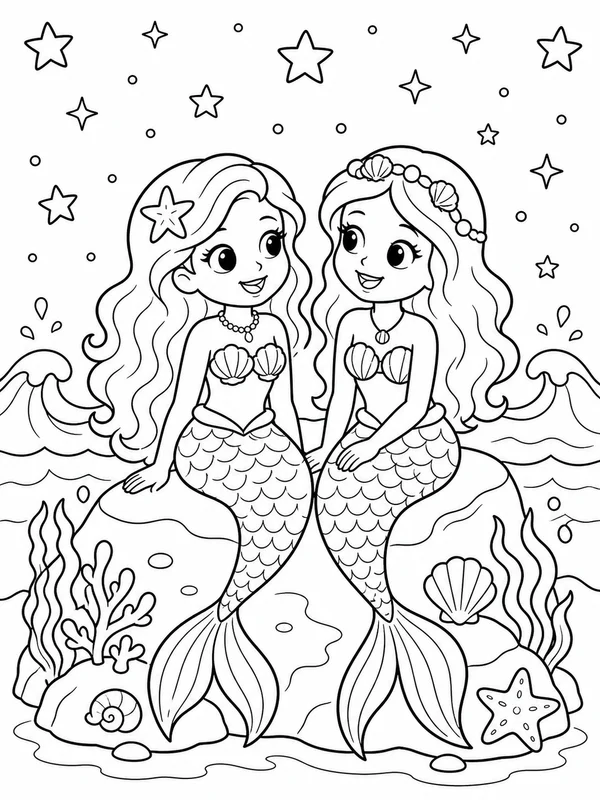 Two mermaid friends sitting on a rock beneath stars and ocean coloring page printable line art