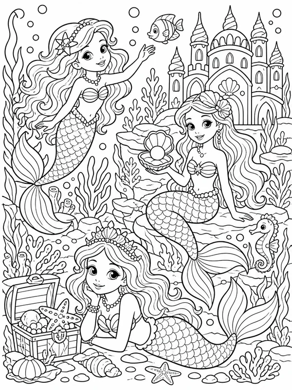 More detailed mermaids scene coloring page printable line art