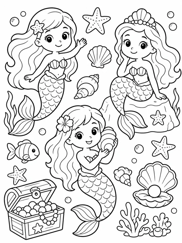 Cute mermaids coloring page printable line art