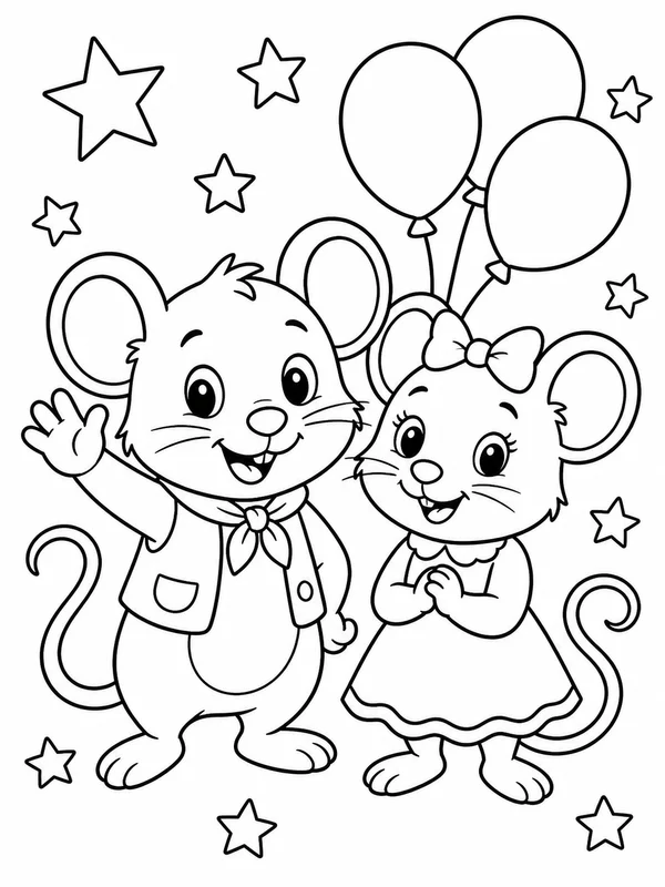 Friendly woodland mouse waving beside a mouse friend coloring page printable line art