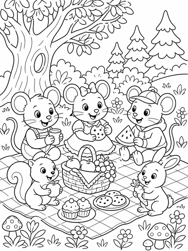 Group of woodland mouse friends enjoying a cheerful picnic coloring page printable line art