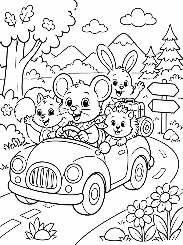 Cheerful woodland mouse driving a tiny car on a playful road coloring page printable line art