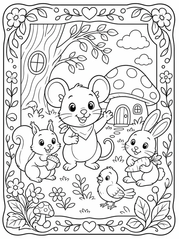 Printable an original cheerful woodland mouse and friends printable line art