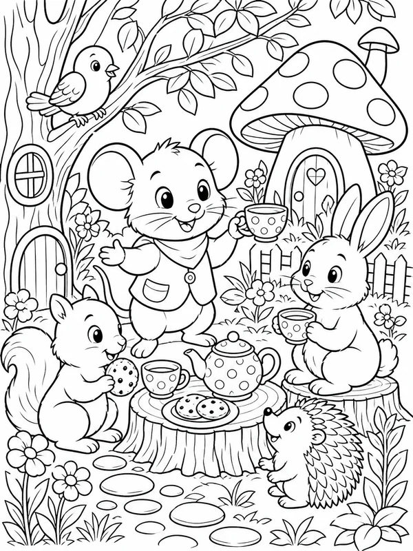More detailed an original cheerful woodland mouse and friends coloring page printable line art