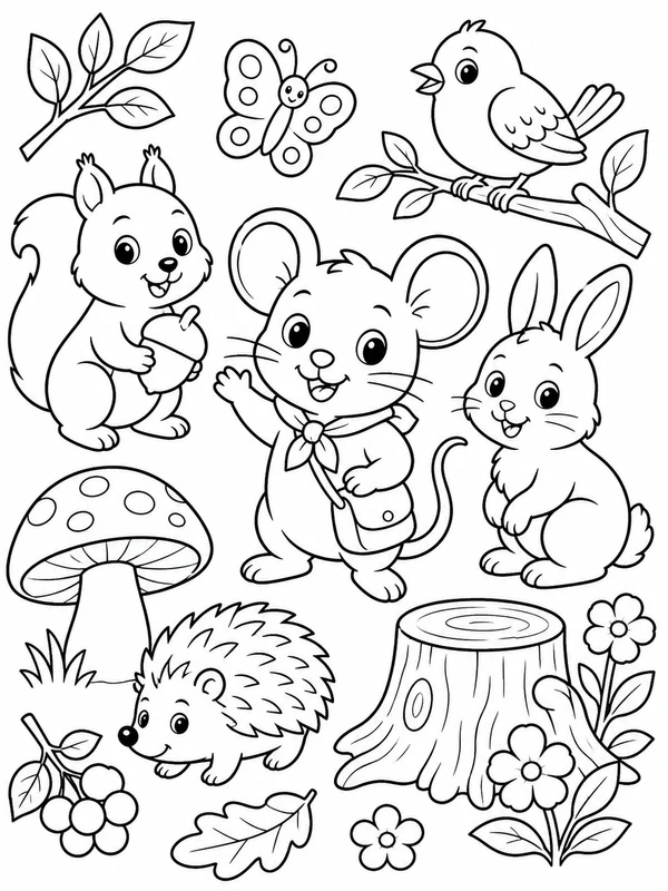 Cute an original cheerful woodland mouse and friends coloring page printable line art