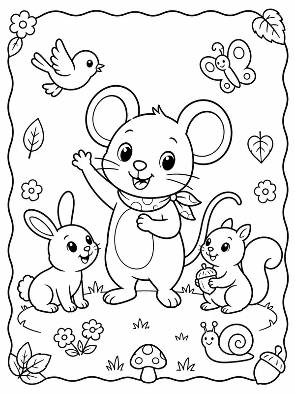 Clean an original cheerful woodland mouse and friends coloring page printable line art