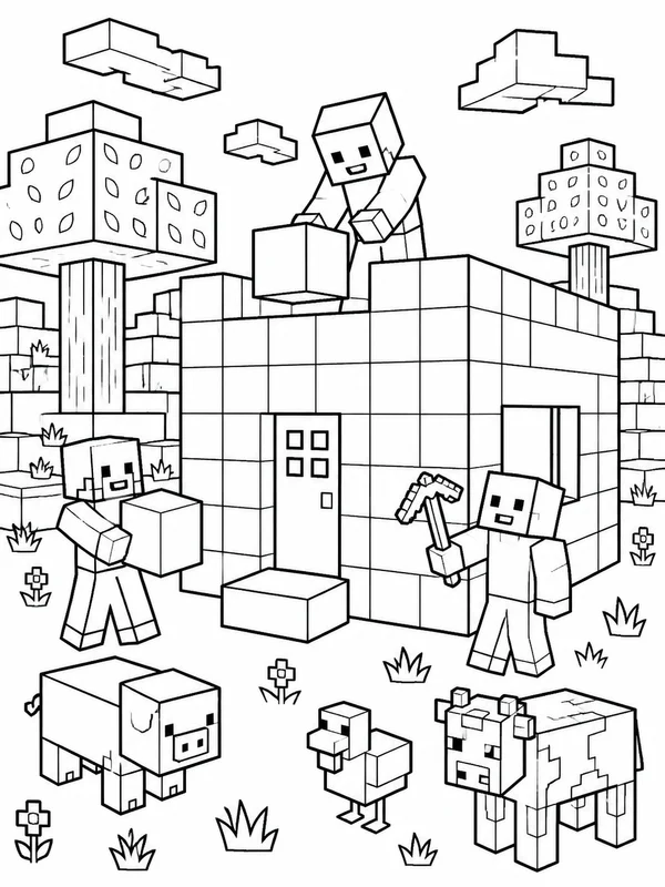 Blocky characters building a cube-shaped house beside trees coloring page printable line art