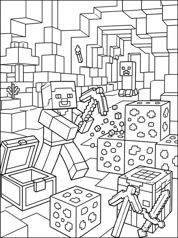 Voxel mining adventure with tools, ore blocks, and a cave coloring page printable line art