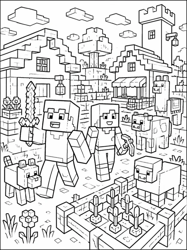 Blocky heroes exploring a village coloring page printable line art