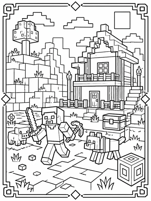 Printable a blocky voxel building and survival adventure printable line art