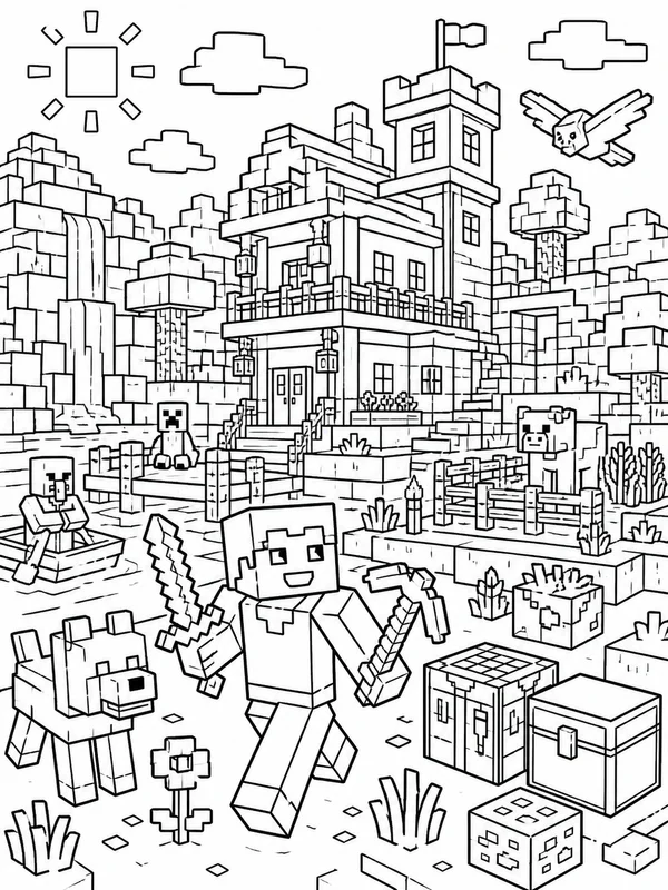 More detailed a blocky voxel building and survival adventure coloring page printable line art