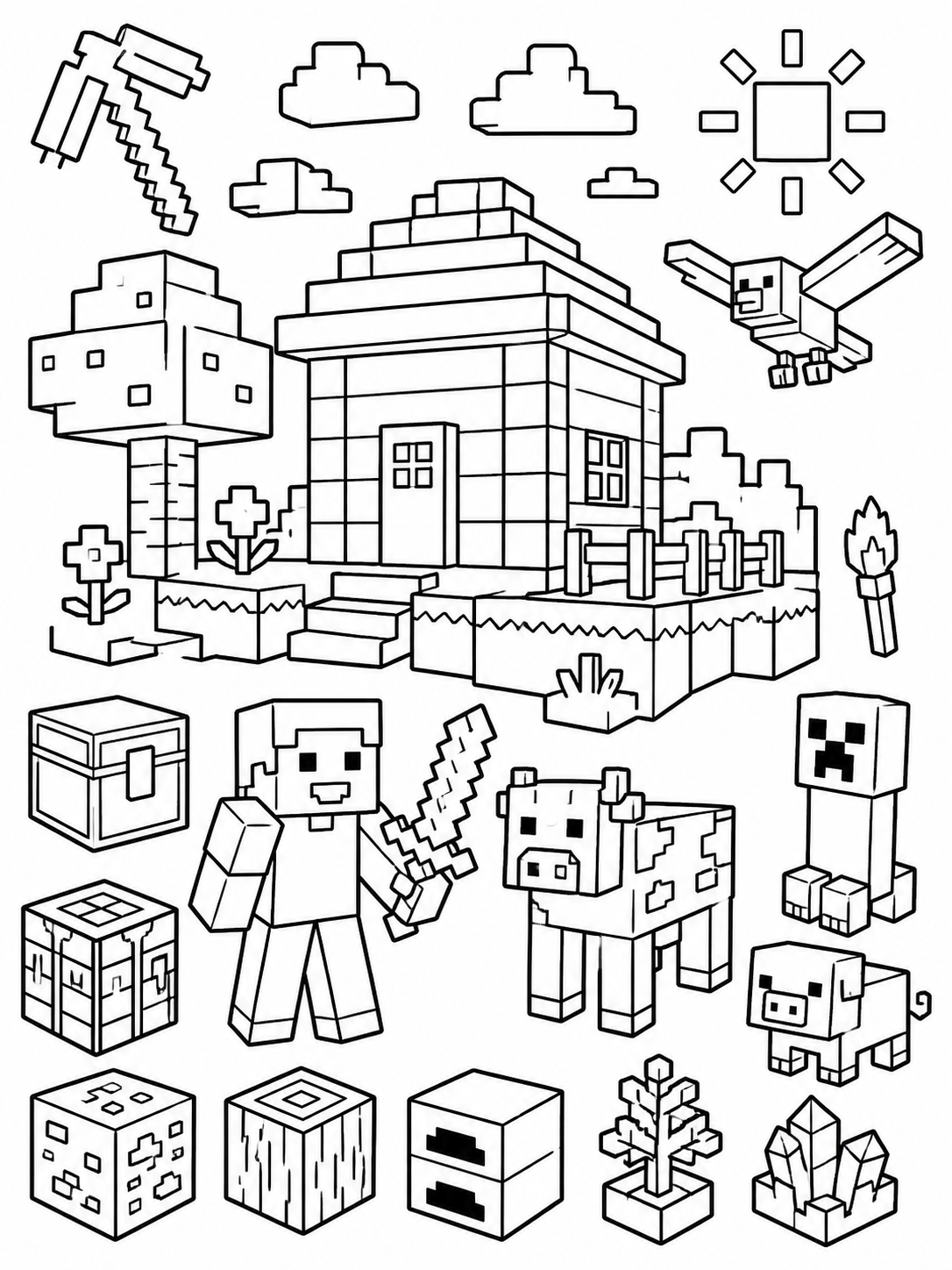 Diseño sencillo de Minecraft para colorear en blanco y negro listo para imprimir